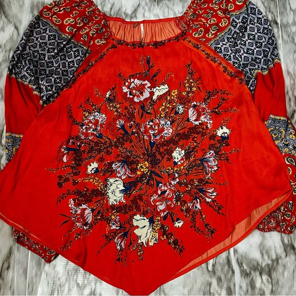 Free People Asymmetrical Embellished Raglan Blouse Orange Romantic Boho Chic